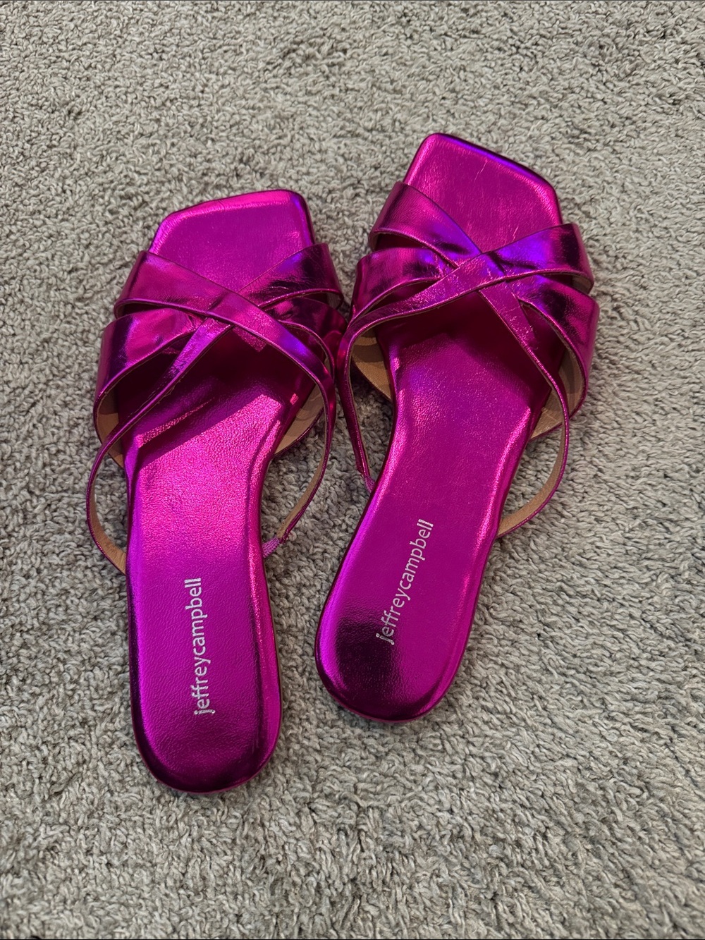 Jeffrey Campbell Metallic Fuchsia Cross-Strap Slide Mules - Picture 2 of 4